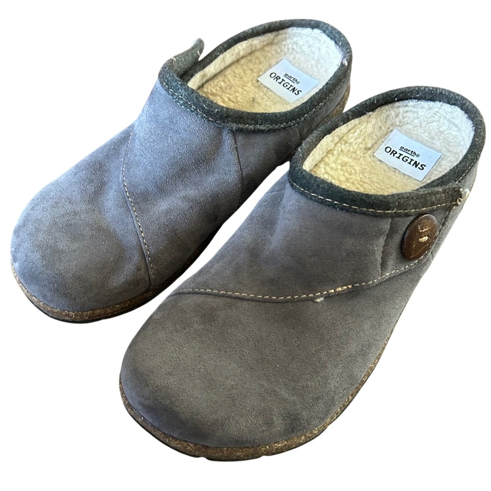 Earth Origins Essential Ezzy Clogs Women Grey Suede Faux Fur Mules 8.5